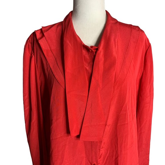 Vintage 80s Button Up Secretary Blouse L Red Long Sleeve Tie Bow Layered Collar - Picture 3 of 7